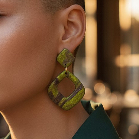 Boucles d'oreilles vert olive portées en pâte polymère