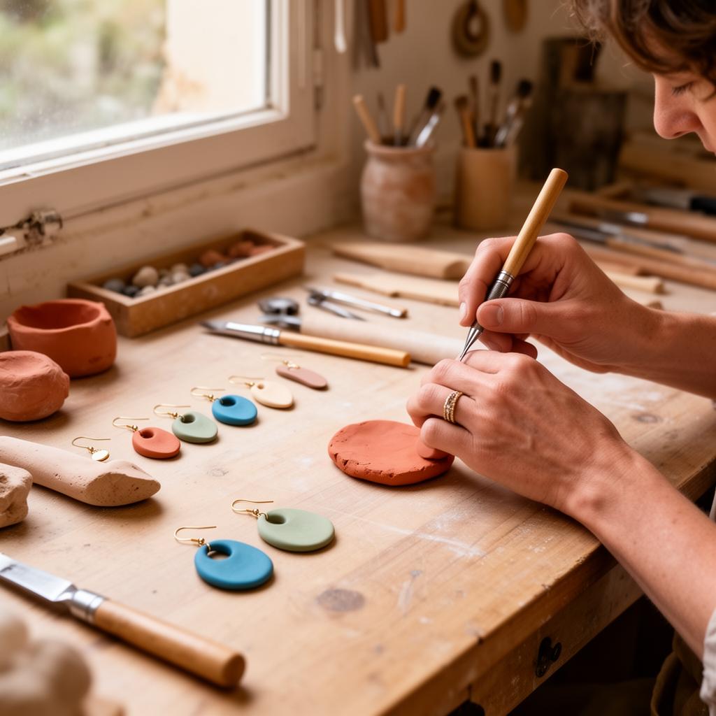 Créatrice façonnant des bijoux en pâte polymère dans son atelier